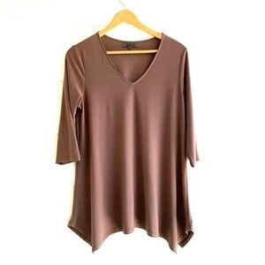 Alisha D Women's Brown V Neck Tunic Top Slinky asymmetric Lagenlook Boho M